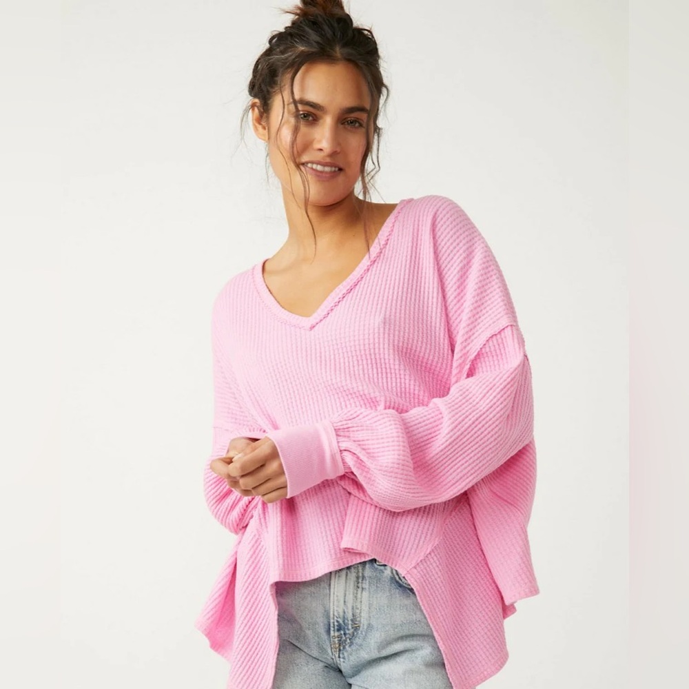 We The Free Pink Oversized Coraline Waffle Knit Sweater Medium